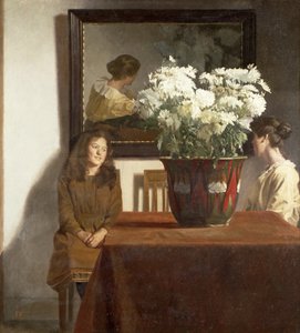 白い菊の鉢のあるフィギュア 作： Gustav Wilhelm Blom